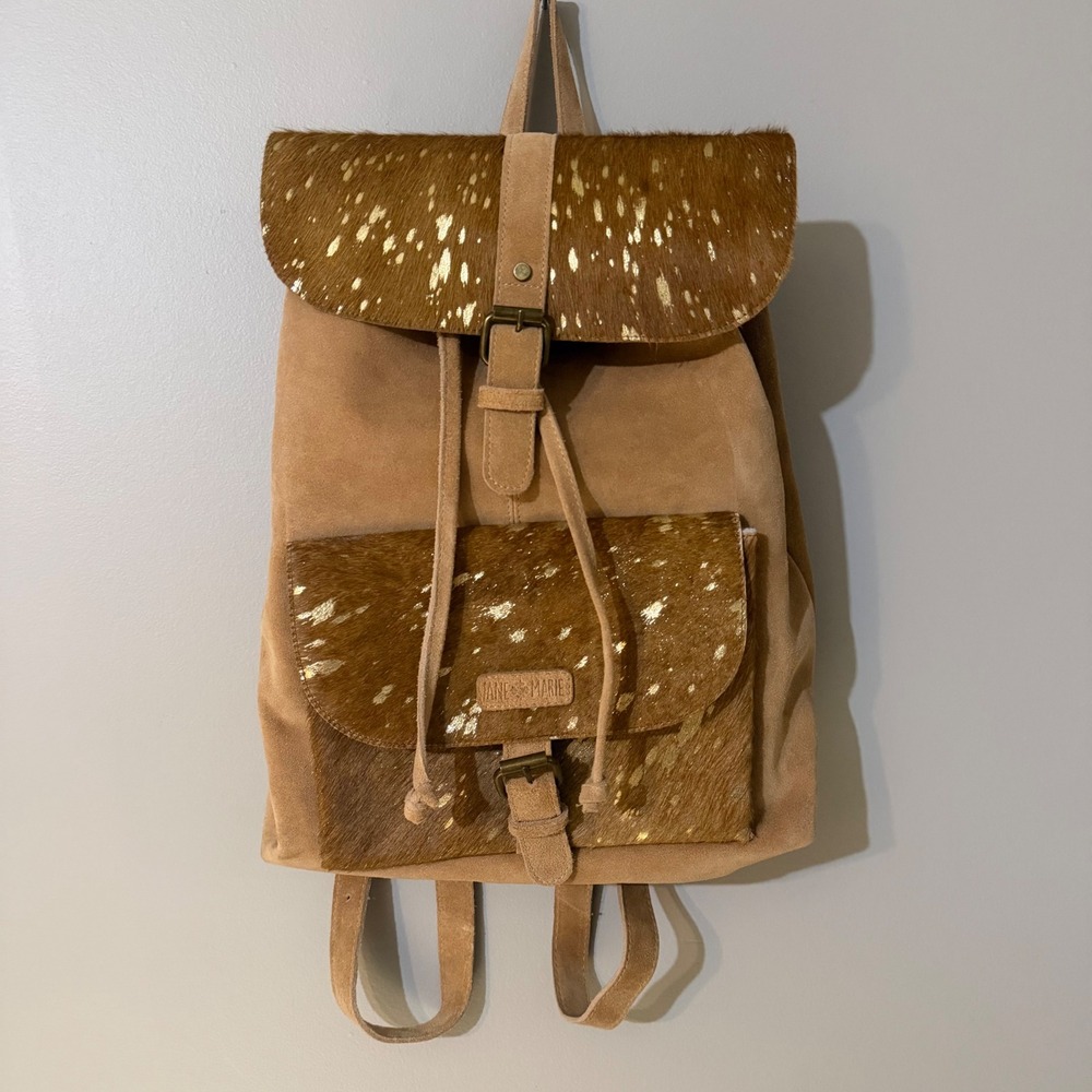 Jane Marie Tan Suede Cowhide Gold Metallic Splatter Backpack Boho Bag
